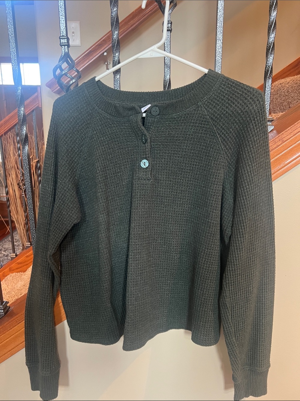 Old Navy Dark Green Waffle-Knit Henley thermal